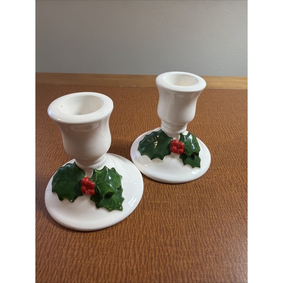 Lillian Vernon Other - Lillian Vernon Christmas Candle Stick Holder set 2 White Ceramic w Holly Vintage